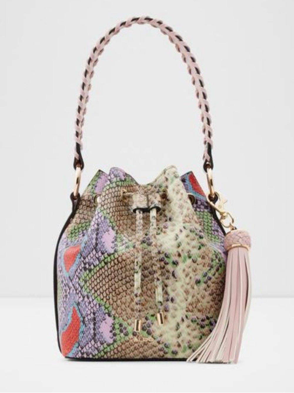 Aldo Multicolor Snakeskin-Effect Drawstring Bucket Bag with Pink Tassel